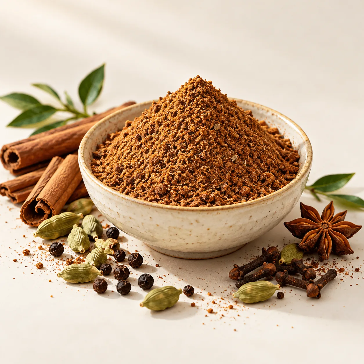Garam masala in an ivory ceramic bowl with whole spices